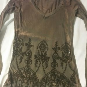 V Neck Beaded Brown Shirt Long Sleeve